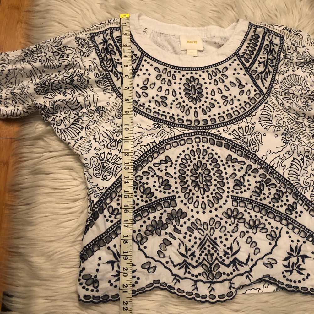 Anthropologie Maeve Ester Eyelet Embroidered Scalloped Blue White Top size XS/S - Picture 15 of 15